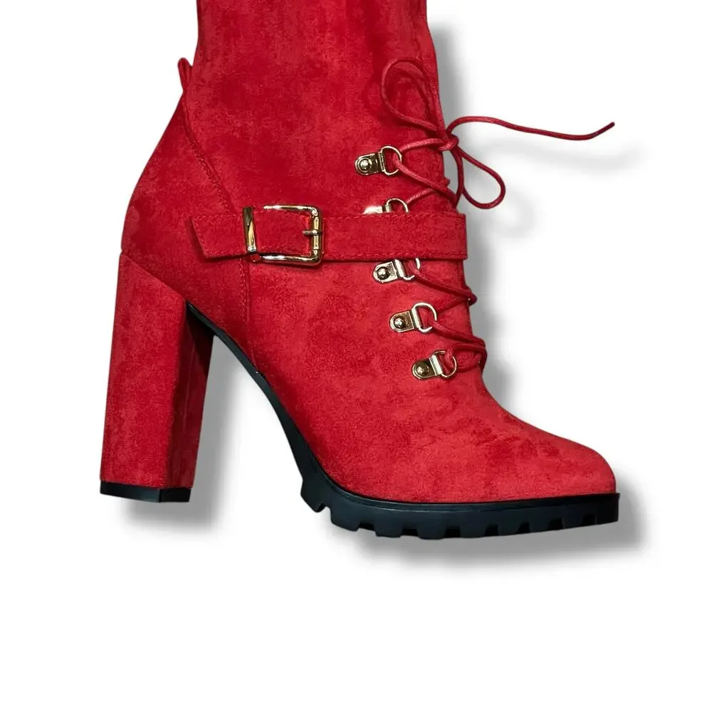 Shoedazzle Evadne Thigh Boot Sz 9 Red Faux Suede Over Knee OTK Lug Sole 4